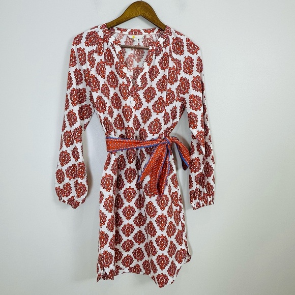 Boden Notch Neck Long Sleeve Linen Mini Shift Dress Floral Block Print 6 Long - Picture 7 of 16